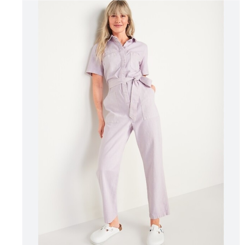 Old Navy Pink Short-Sleeve Cropped Tie-Belt Utility Non-Stretch Jean Jumpsuit 3X